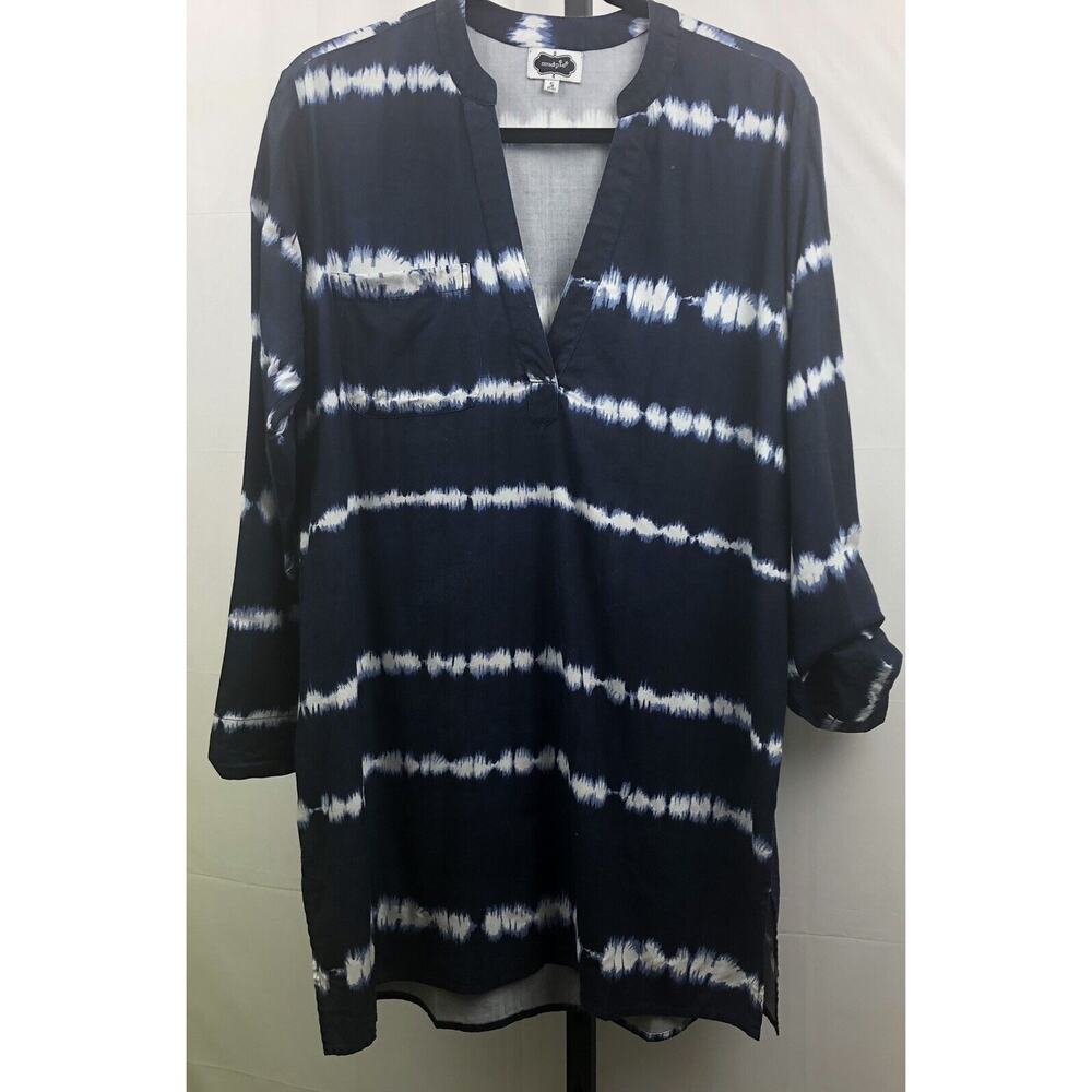 Mud Pie Tunic Women S (4-6) Blue Tie Dye Long Roll Tab Sleeve Relaxed Top Boho